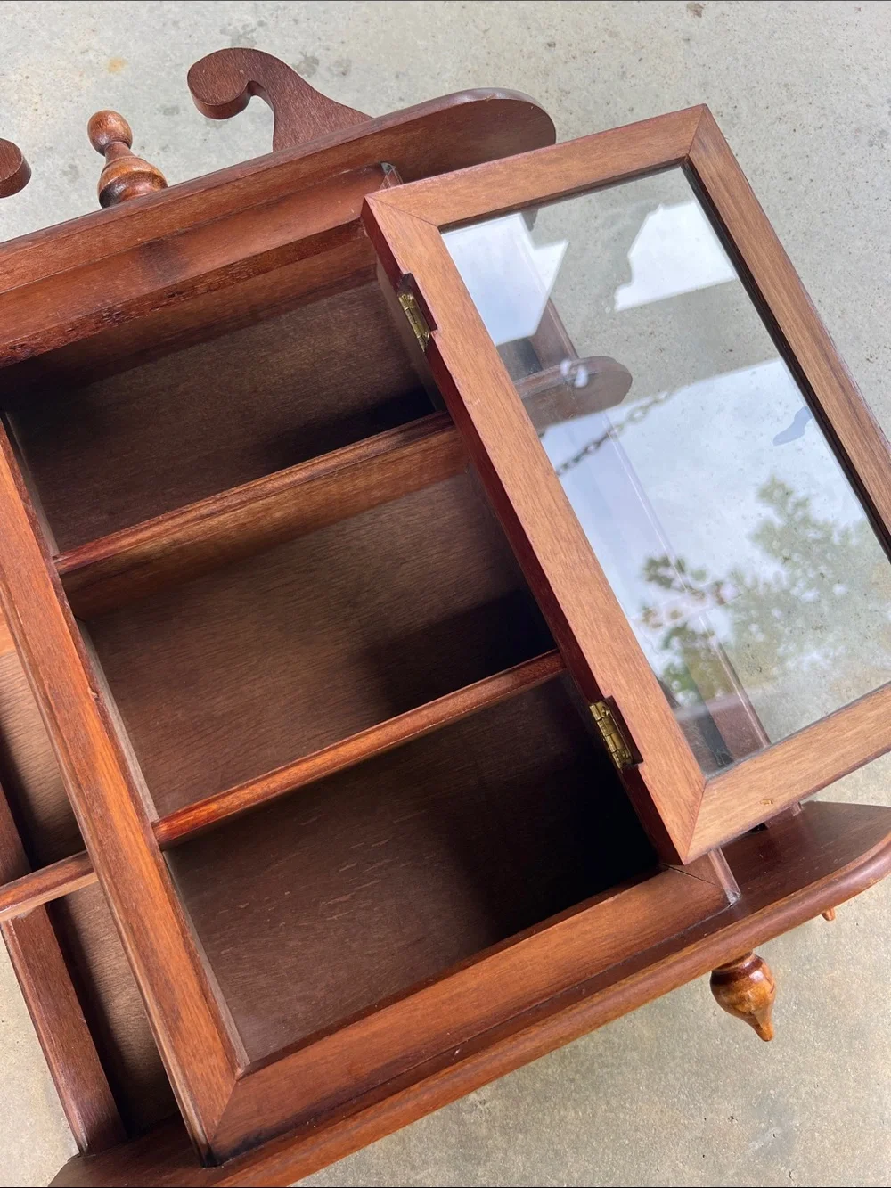 Vintage Wood Curio Display Cabinet Glass Door, Open Shelves & Decorative Detail
